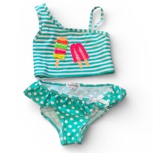 Dillards Flapdoodles Aqua Striped and Polka Dot Kids Bikini